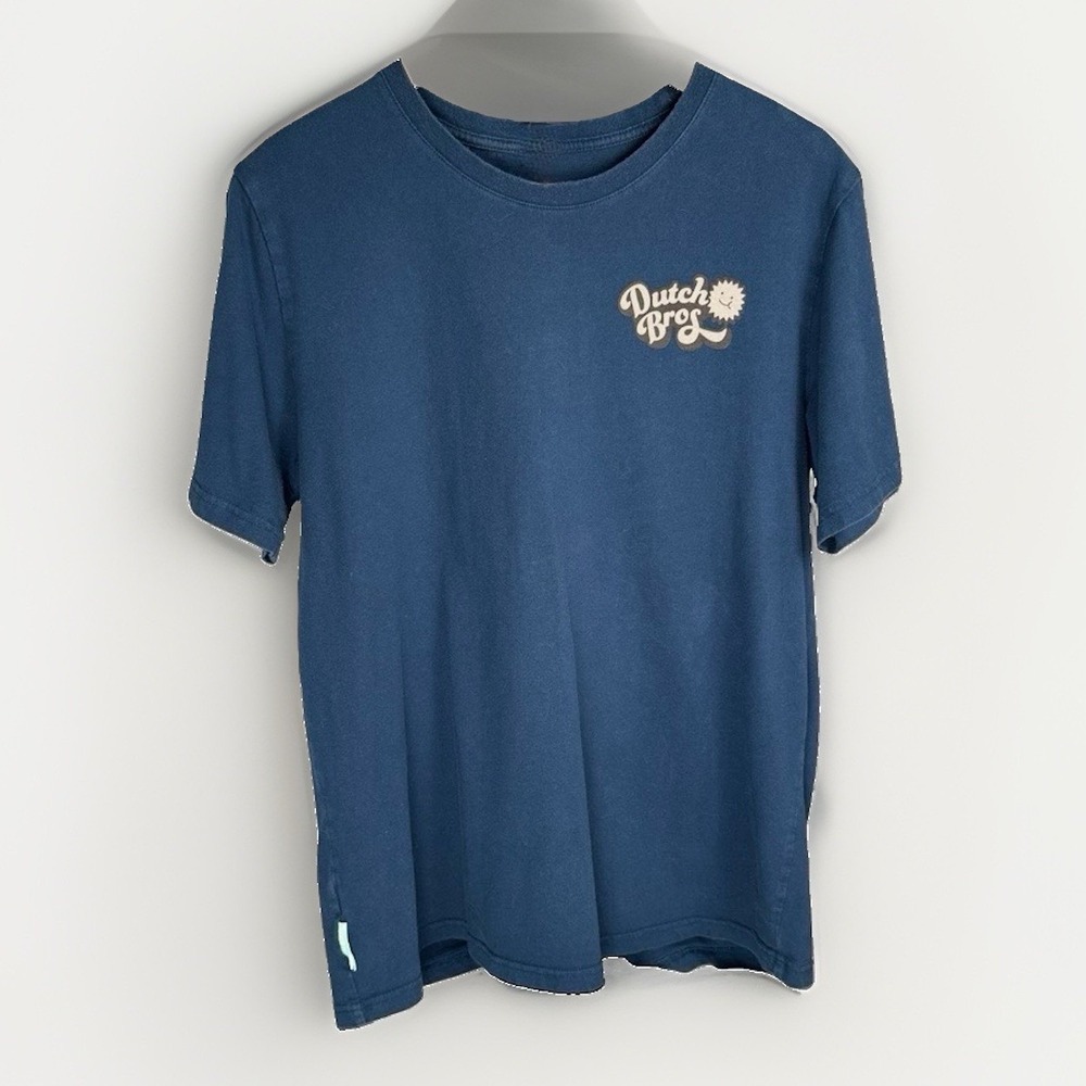 Dutch Bros Coffee Short Sleeve T-Shirt Mens L Teal Blue Retro Smiley Sun Graphic